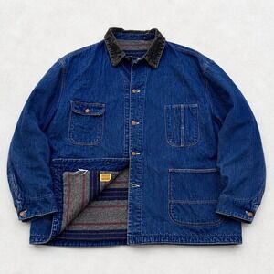 Vintage Casey Jones Wrangler Denim Chore Coat Blanket Lined Corduroy Collar Dark